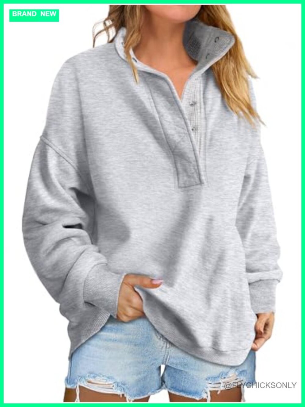 Oversized Mock Neck Henley Sweatshirt Drop Shoulder Loose Pullover